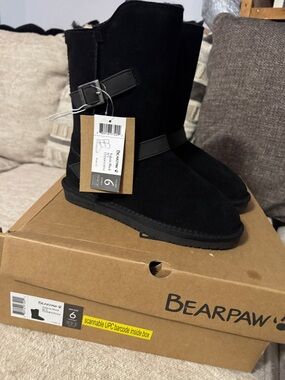 BearPaw Valerie Black Suede Short Shearling Boots with Buckle Strap